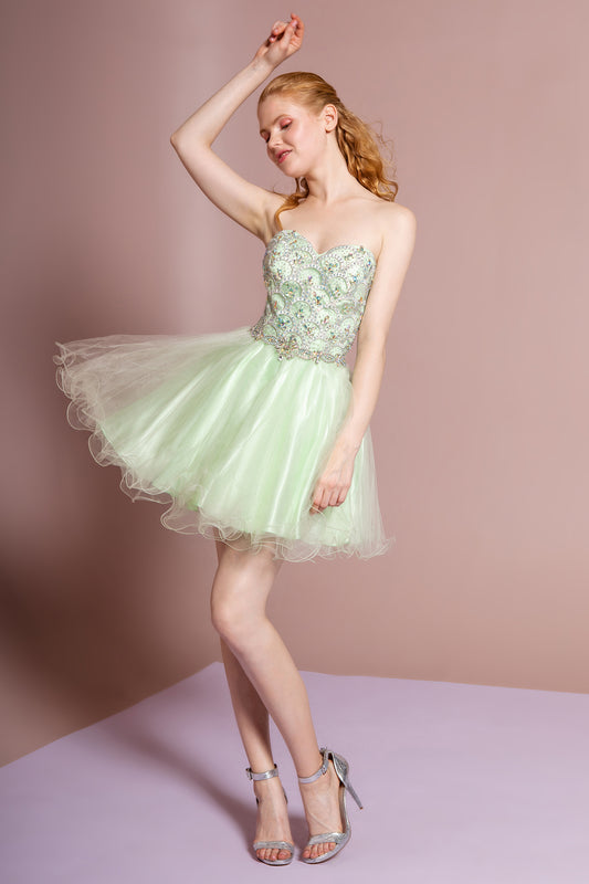 Coral Lime Strapless Sweetheart Short Tulle Dress Accented With Jewel