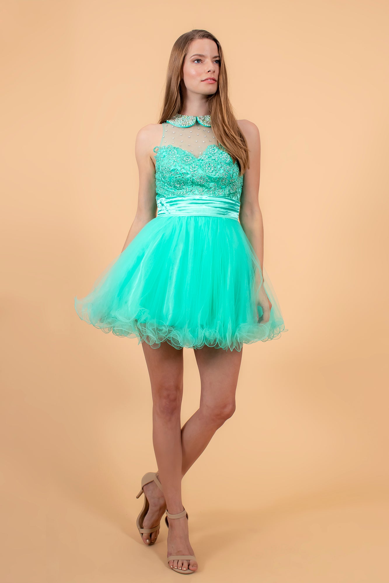 Champagne Pink Tiffany Embroidered Tulle Short Dress With Beaded Collar And Illusion Sweetheart Neckline