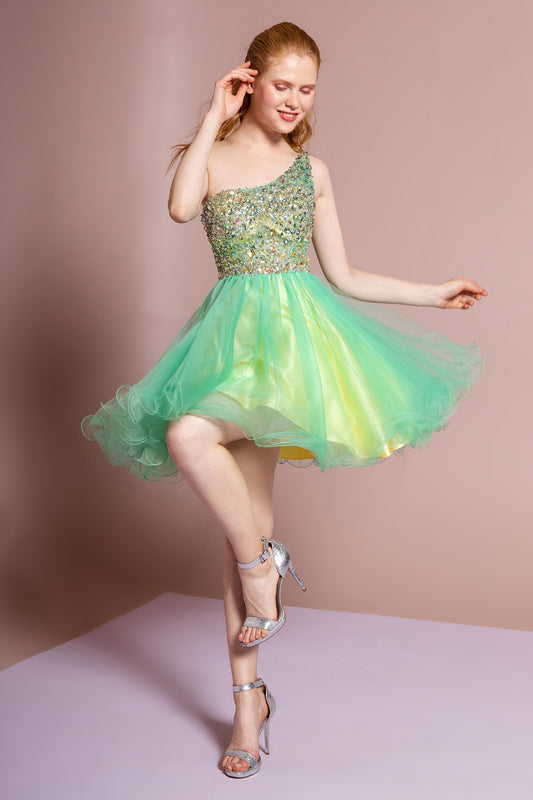 Coral Fuchsia Yellow Green Yellow One Shoulder Rolled Hem Short Dress With Jewel Embellished Bodice