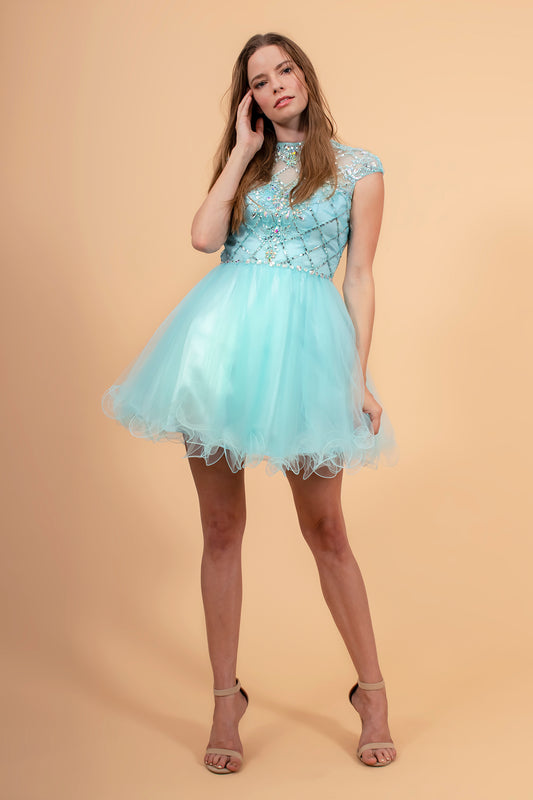 Light Blue Light Pink Silver High Illusion Neck Cap Sleeve Short Dress