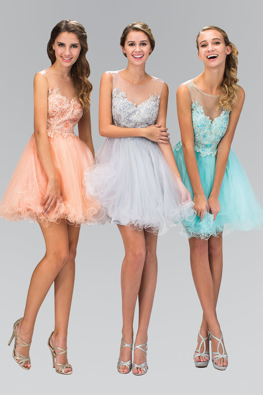 Baby Blue Peach Silver Rolled Hem Tulle Short Dress With Floral Lace Embellished Bodice