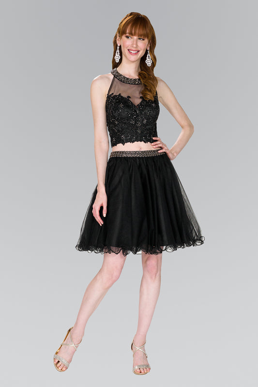 Black Two Piece Strap Back Tulle Short Dress