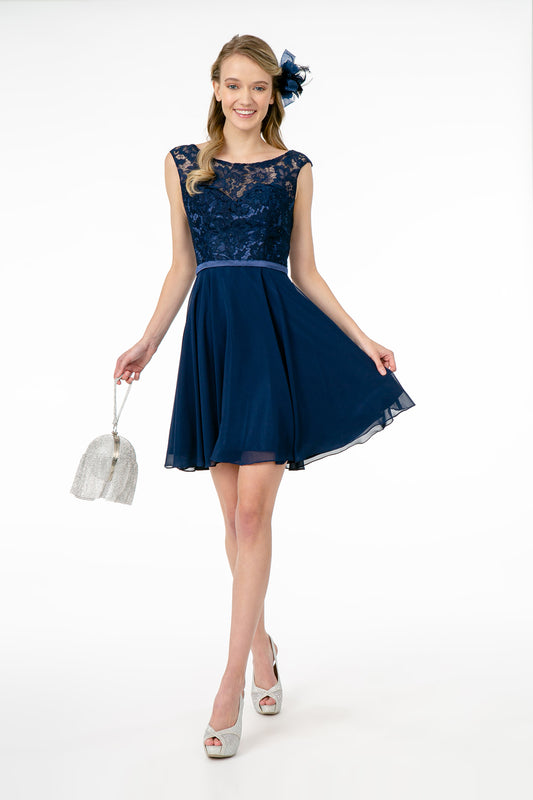 Baby Blue Blush Silver White Burgundy Lace Embellished Bodice Chiffon Short Dress