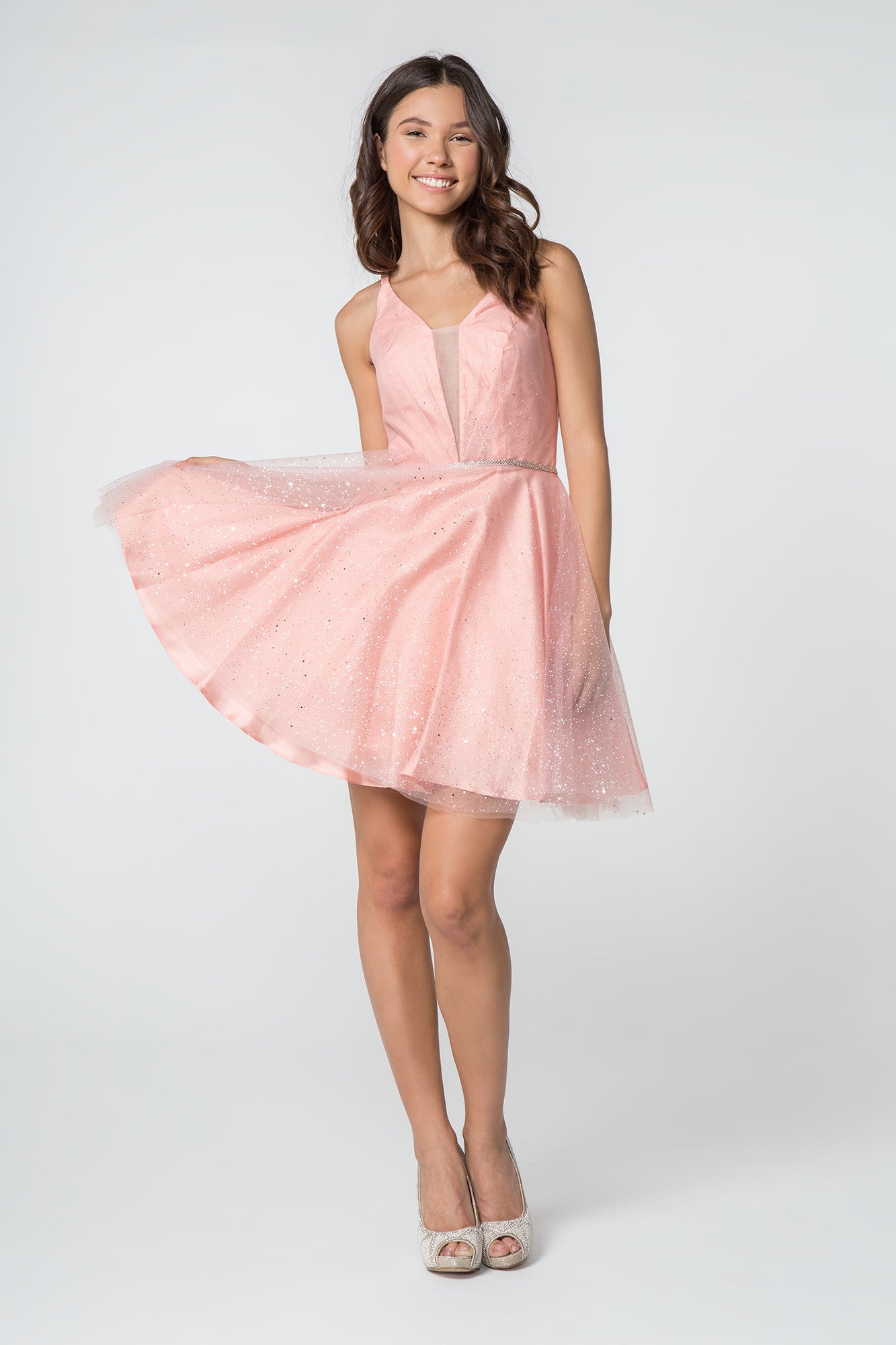 Blush Gold Illusion Deep V Neck Glitter Mesh Short Dress With U Back