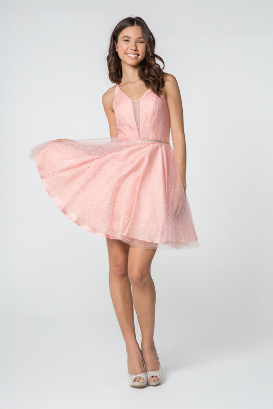 Blush Gold Illusion Deep V Neck Glitter Mesh Short Dress With U Back