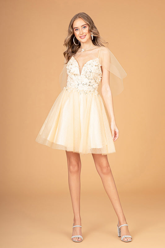 3 D Flower Applique Mesh Short Dress W Short Mesh Cape